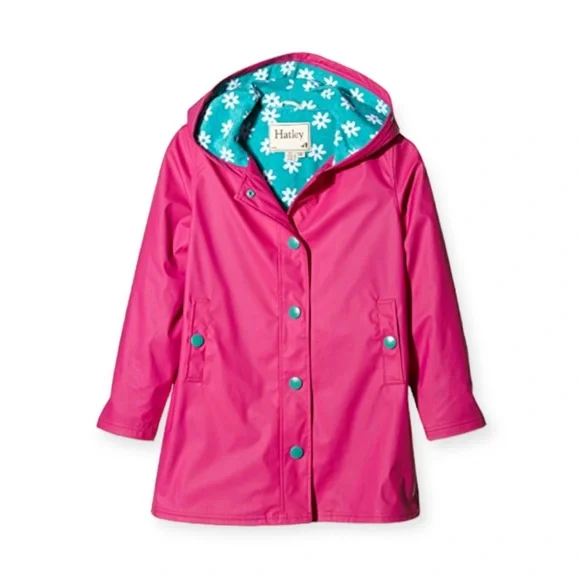 Hatley Fuchsia Pink Hooded Daisies Lined Splash Jacket Raincoat Rain Jacket sz 3